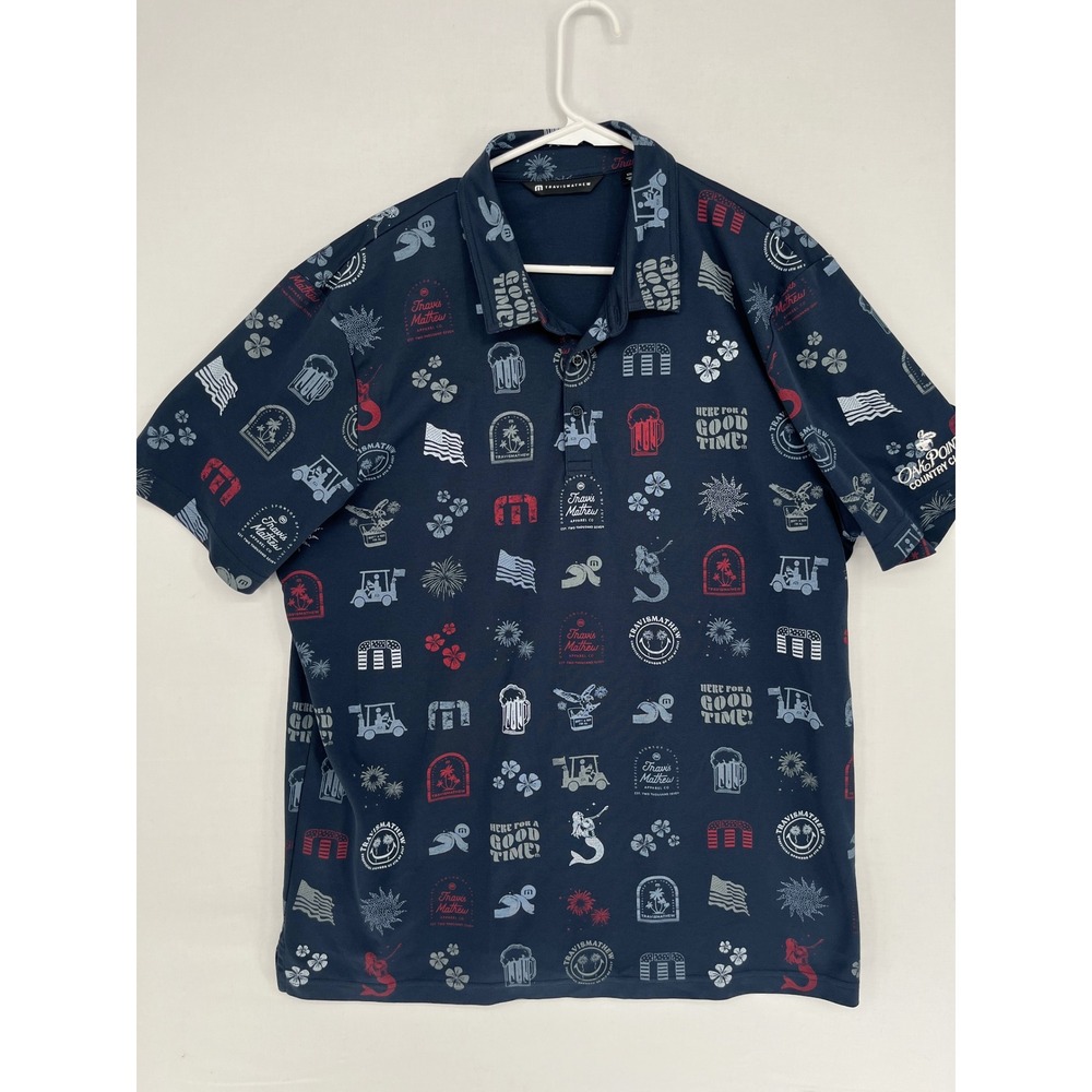 TravisMathew Mens XXL Polo Shirt Navy Blue Golf Cart Beer Mermaid Oak Pointe CC
